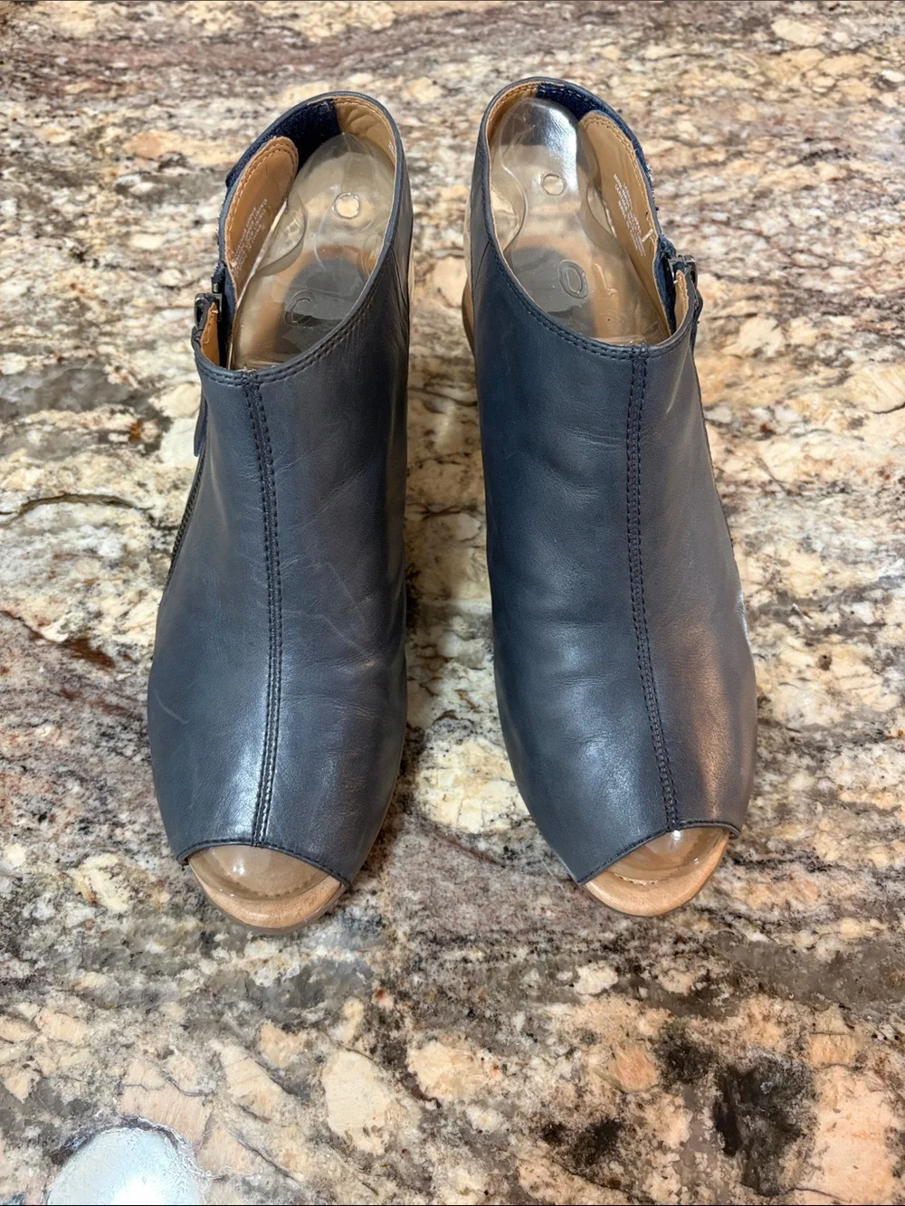 Earth Women's Navy Peep-Toe Leather Booties